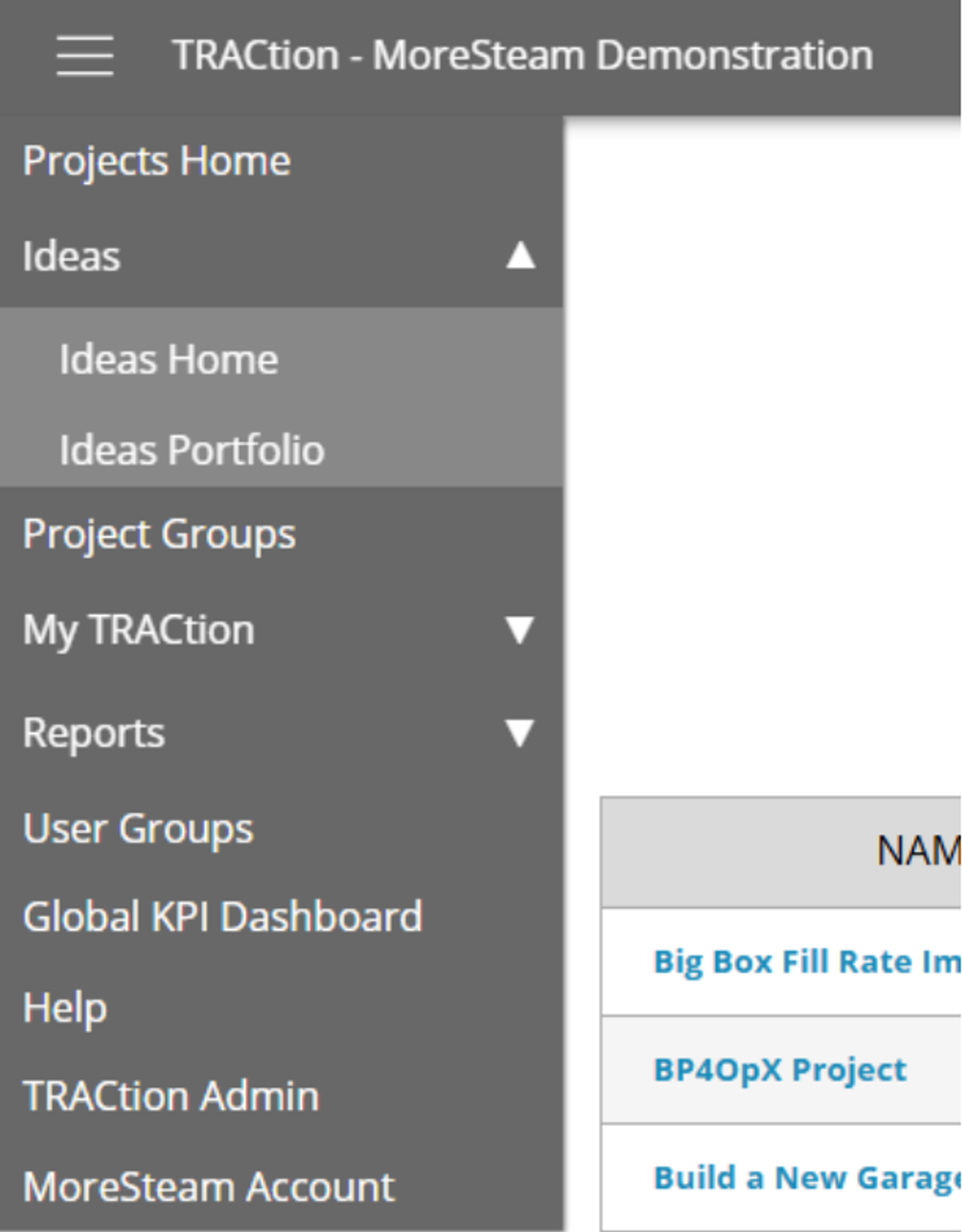 TRACtion Menu with Ideas expanded