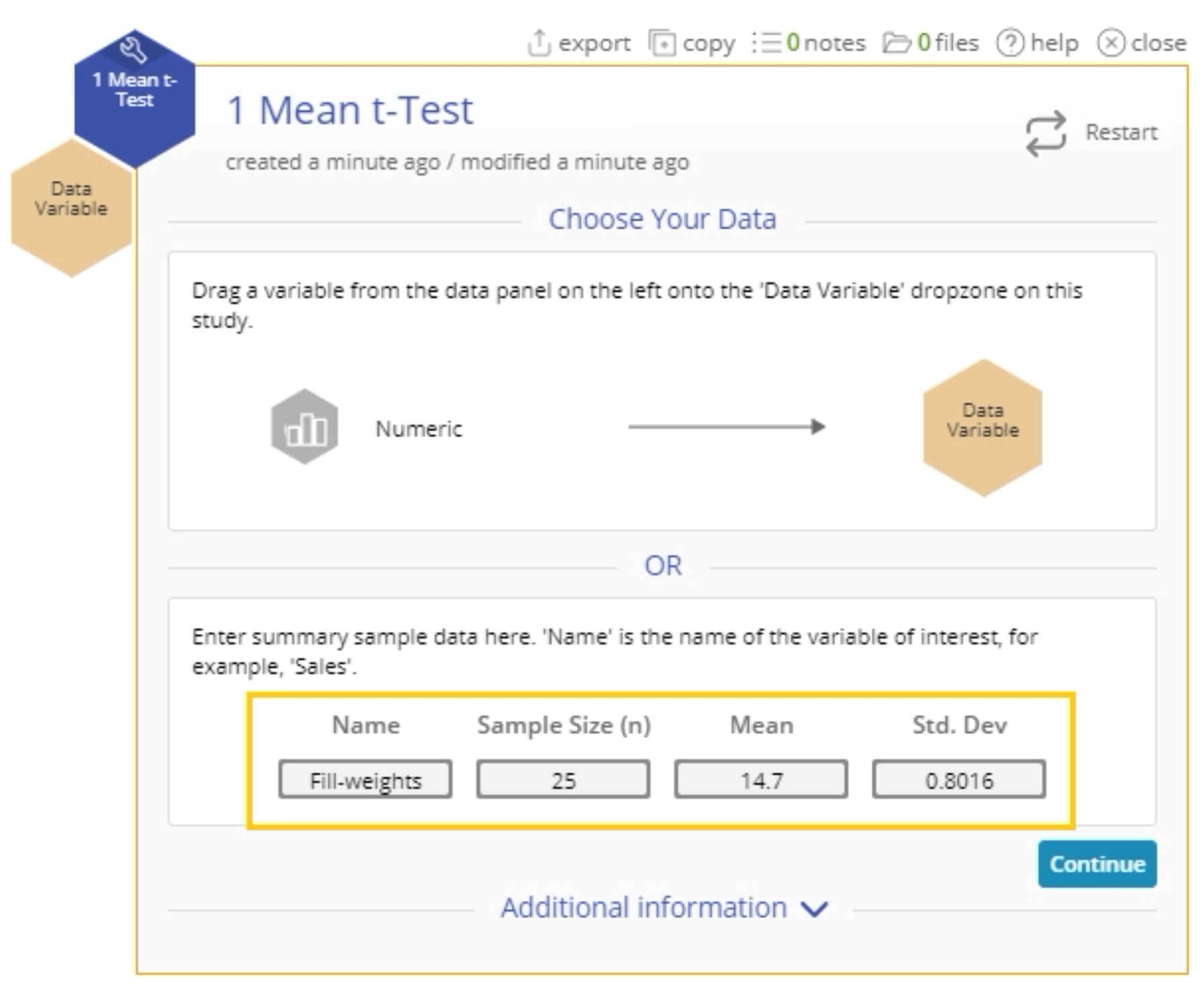 1 mean t-Test menu with summary sample data highlighted.