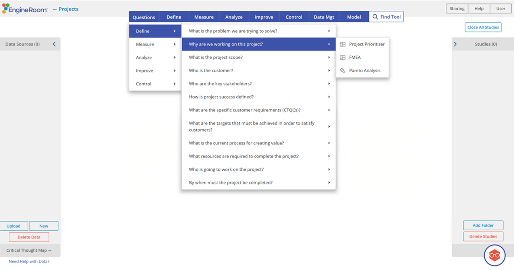 EngineRoom® Data Analysis Software Critical Questions Menu