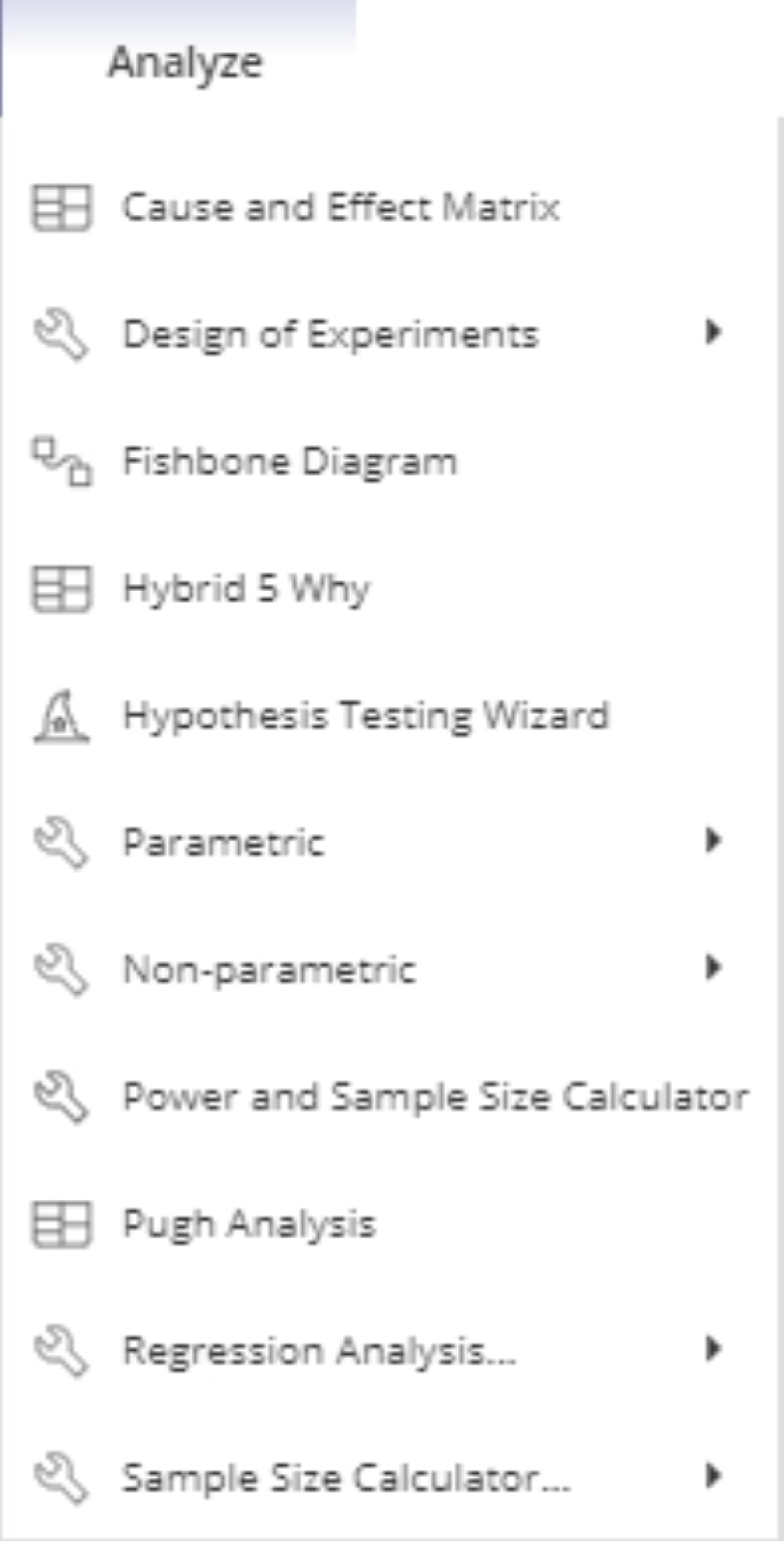 Analyze tool menu.