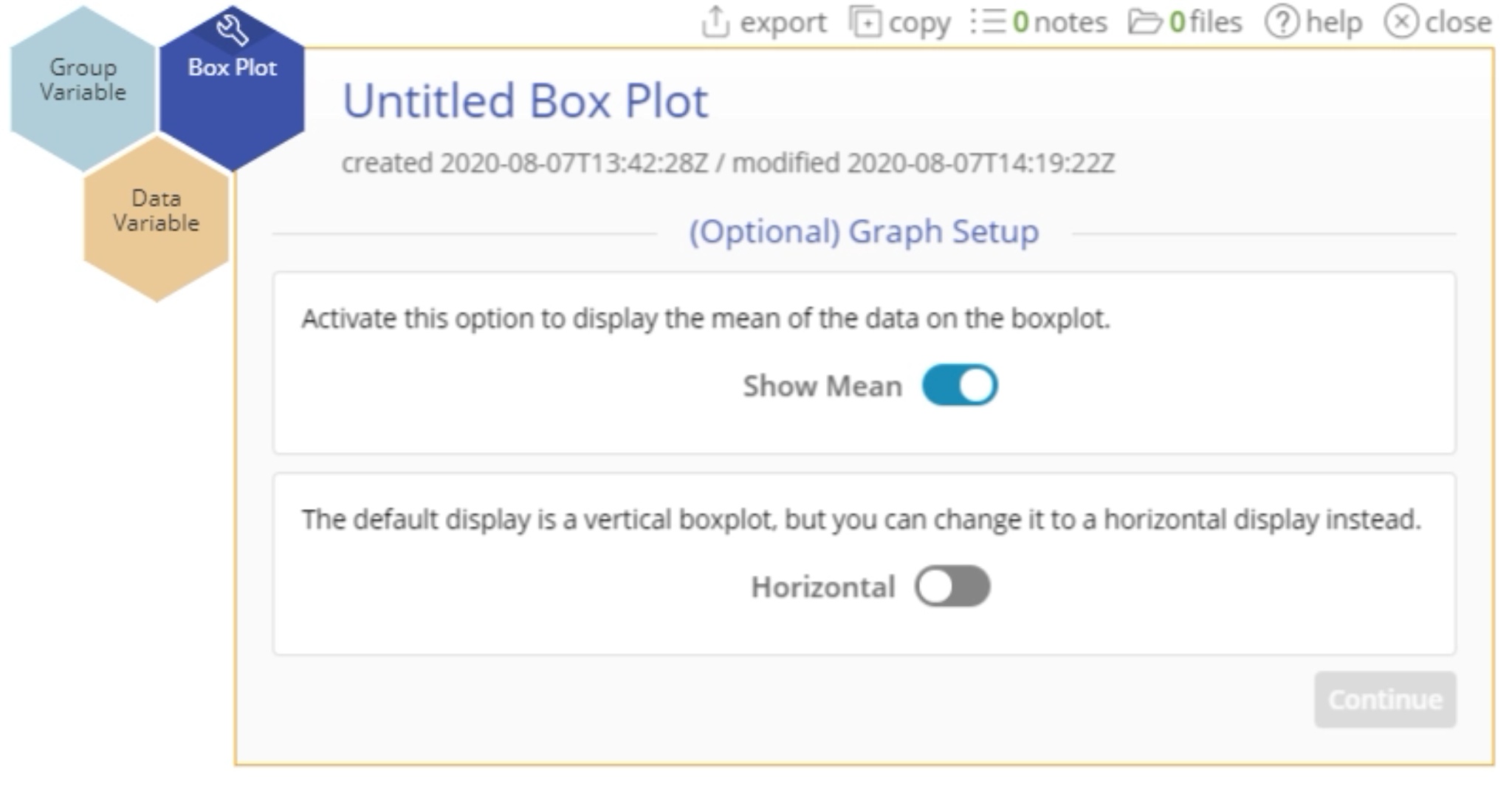 Box plot with "show mean" box checked.