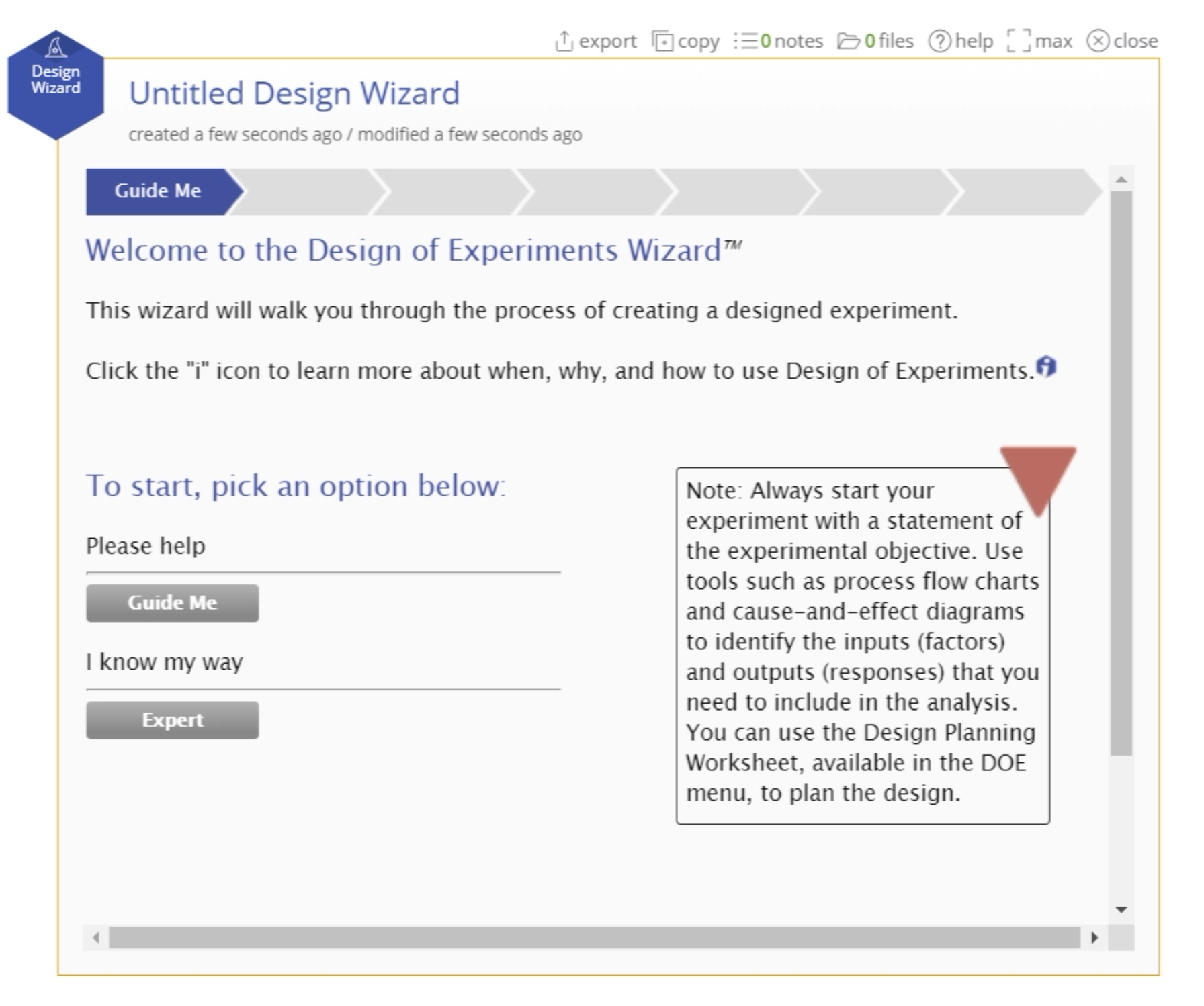 Screenshot of Design Wizard start up menu.