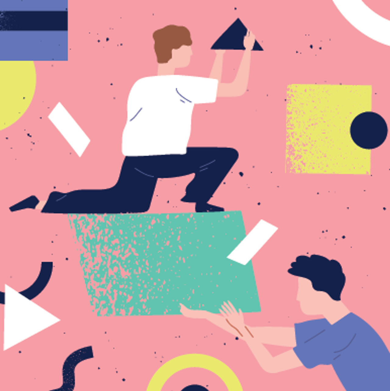 Colorful image of people interacting with abstract shapes