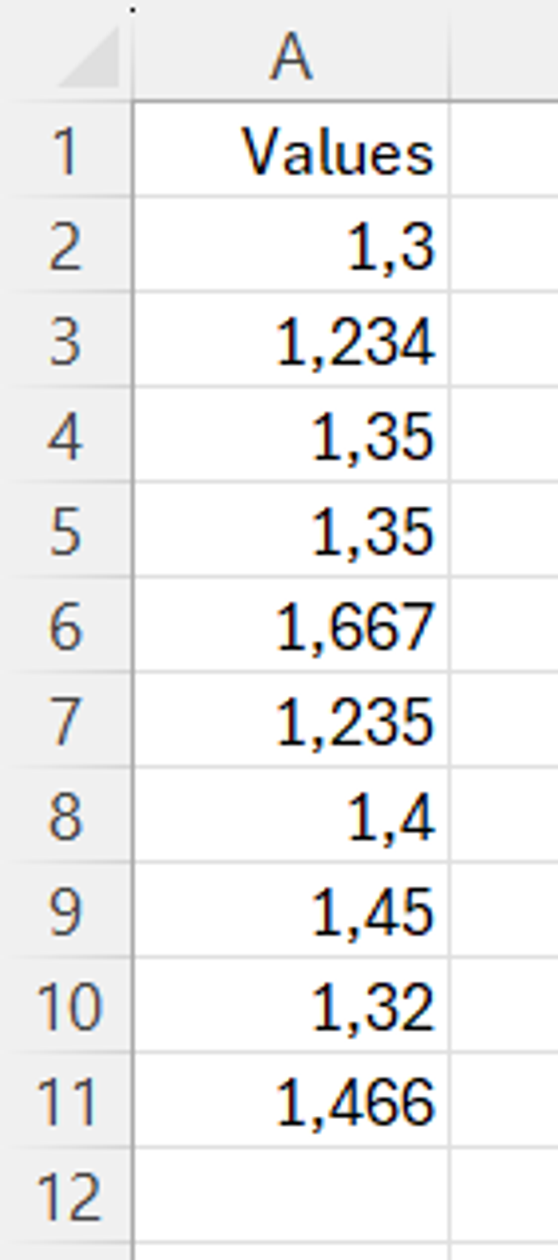 Excel spreadsheet showing values with comma separated. The first three are 1 comma 3, 1 comma 2 3 4 , and 1 comma 3 5