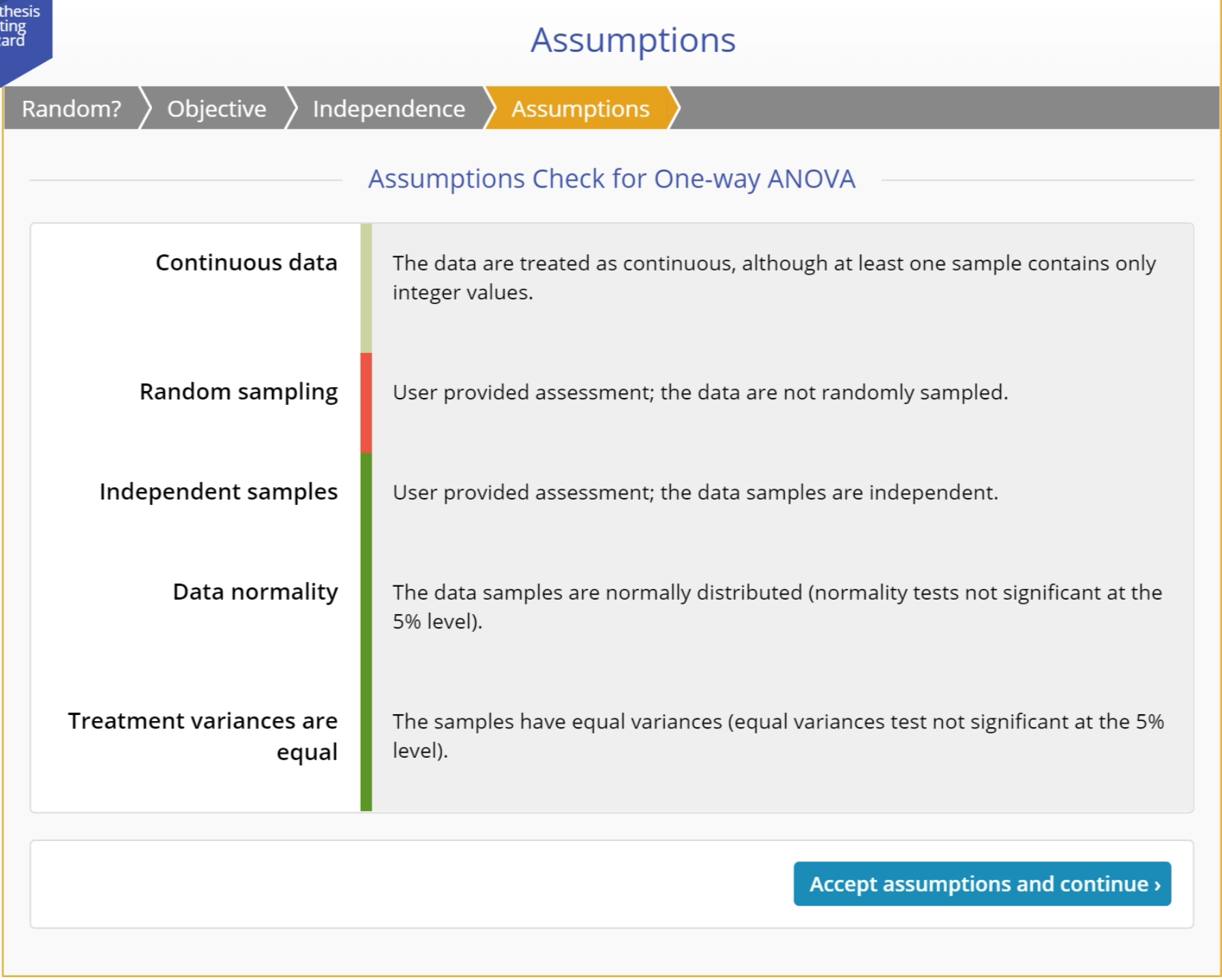 List of assumptions for test.