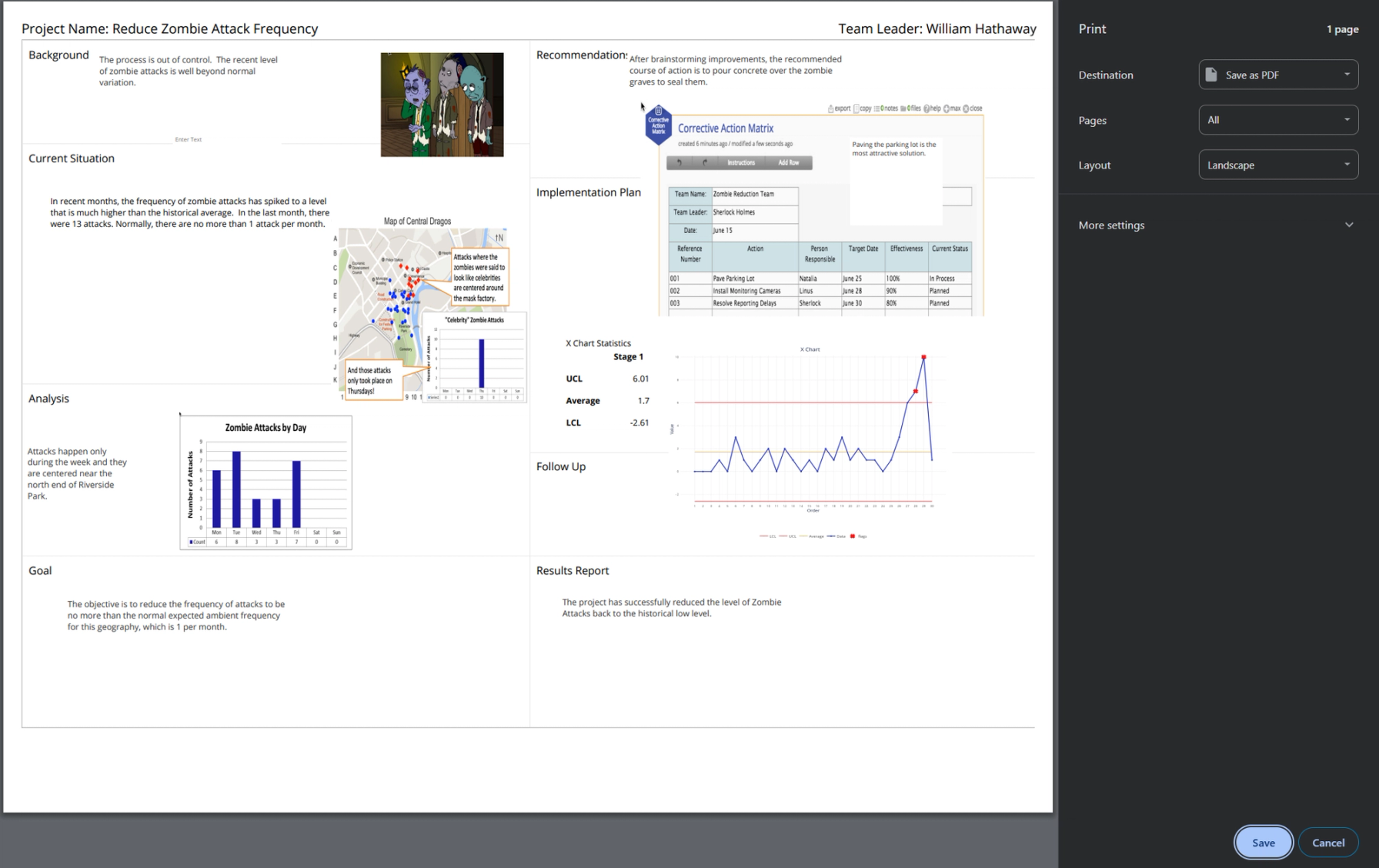 An A3 report being saved as a PDF in landscape mode
