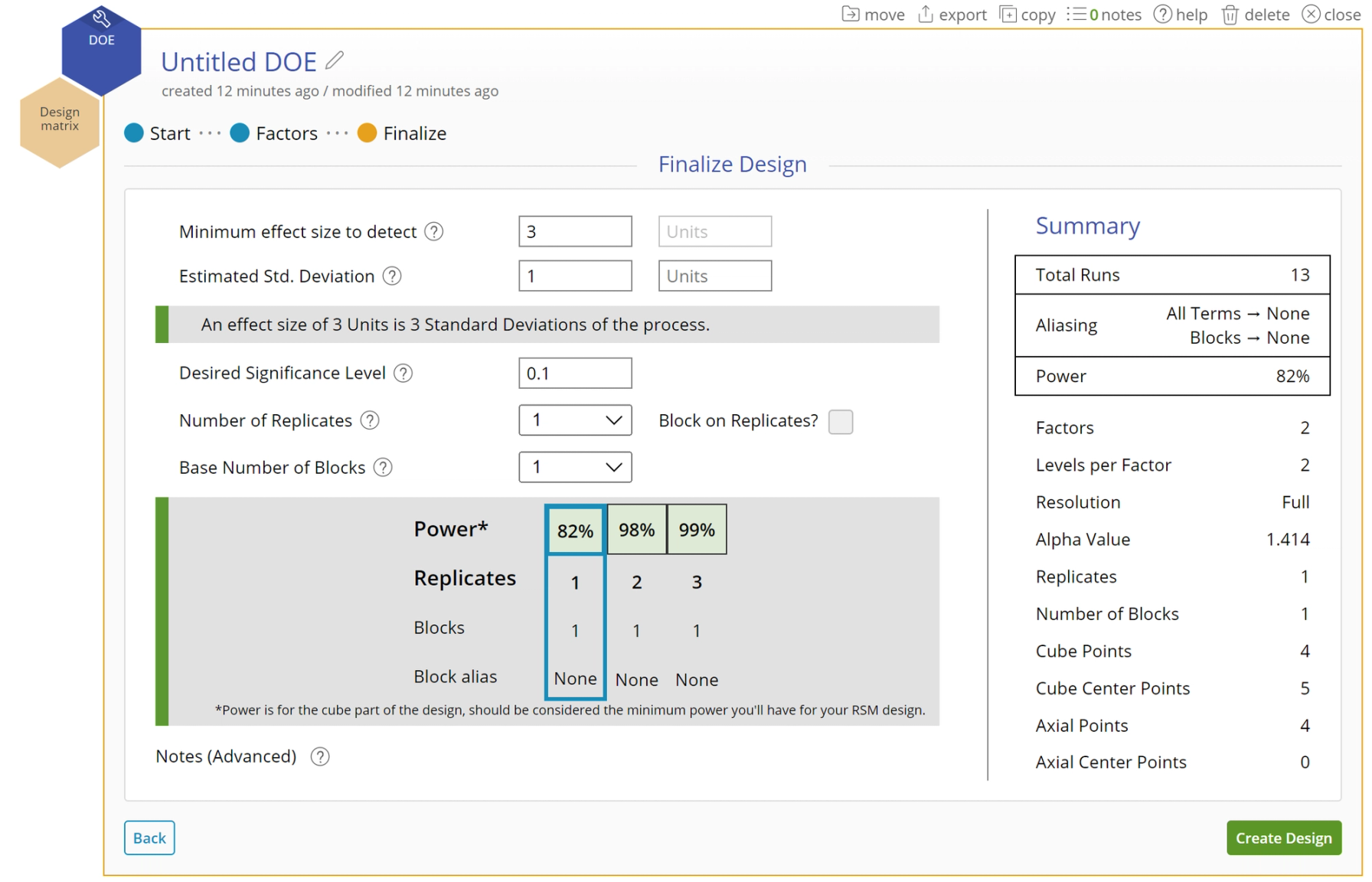Form showing chosen design settings and summary of the experimental design