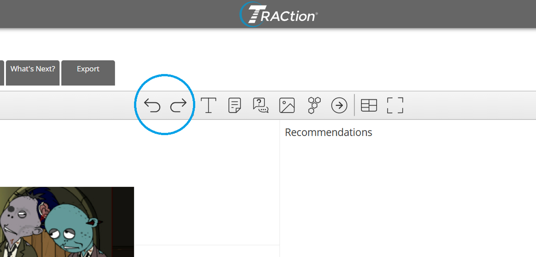 The undo/redo functionality in the TRACtion A3 report circled in blue.