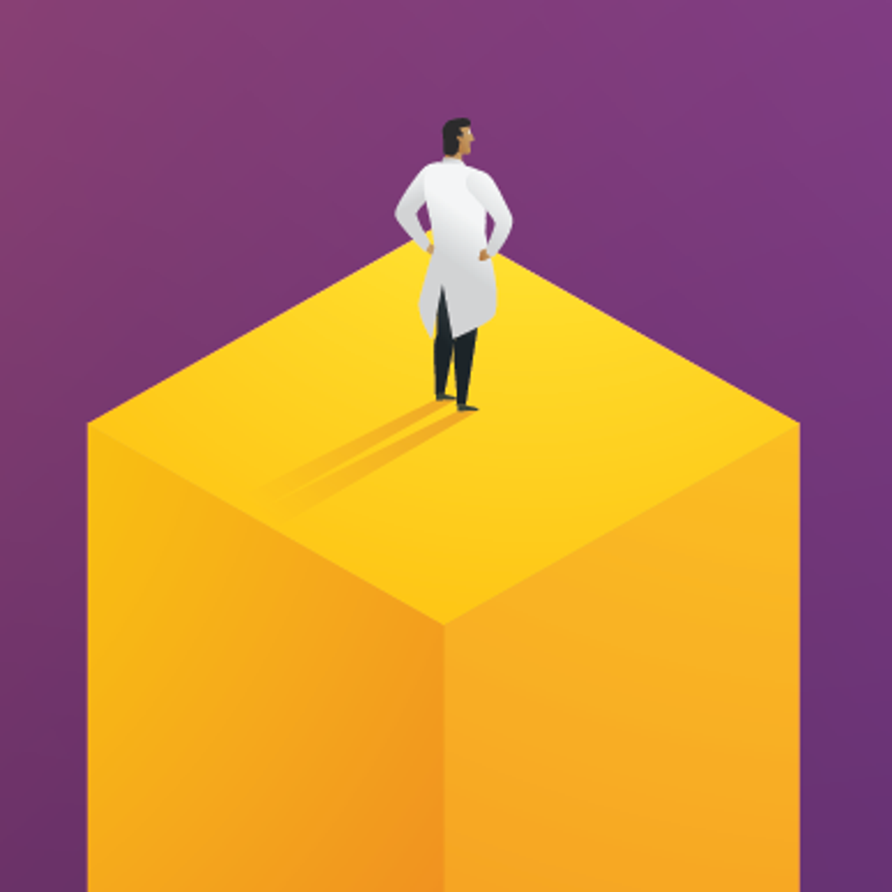 A doctor standing on a yellow cube