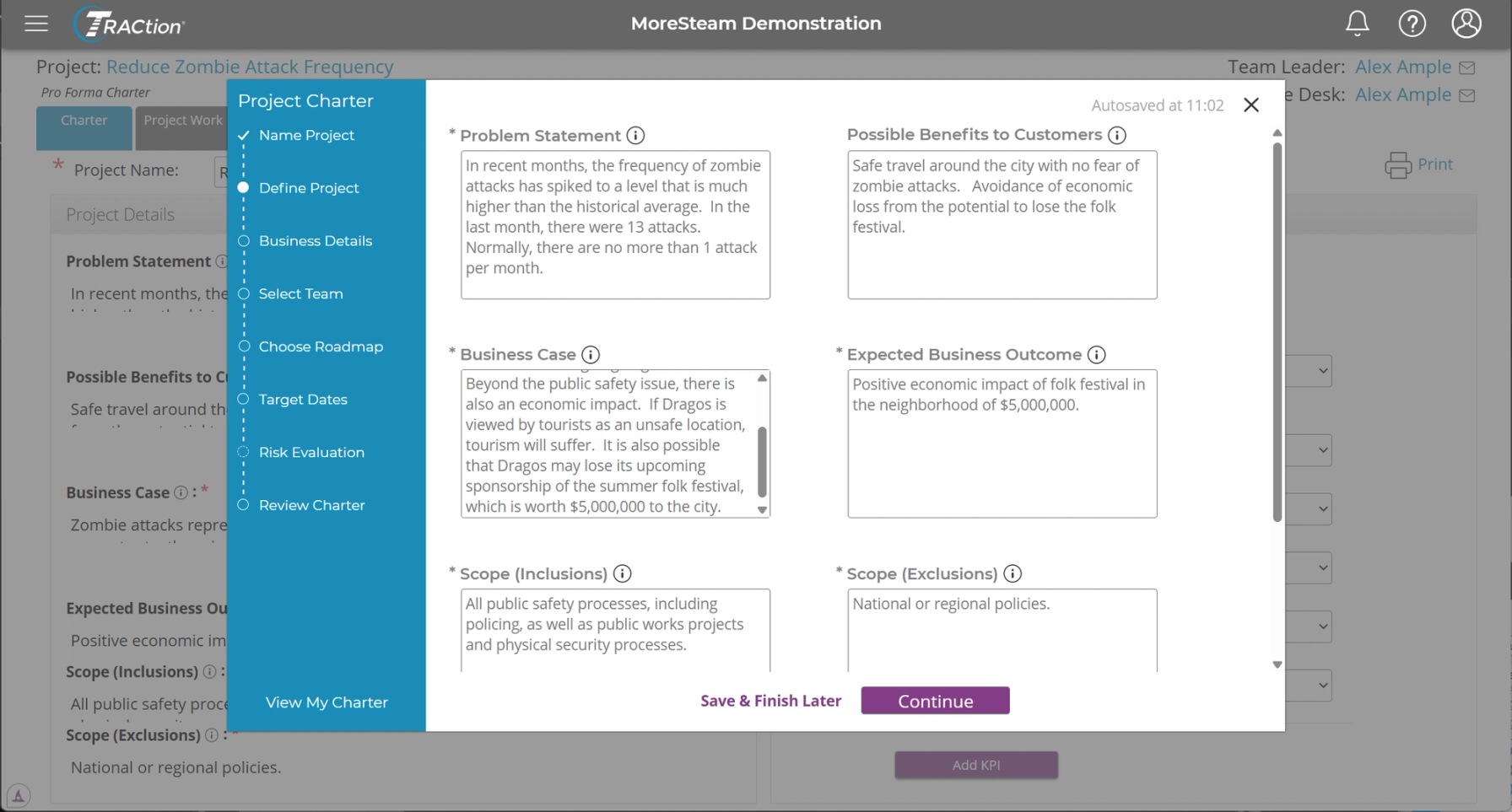 A charter with details for Problem Statement, Benefits, and other project details