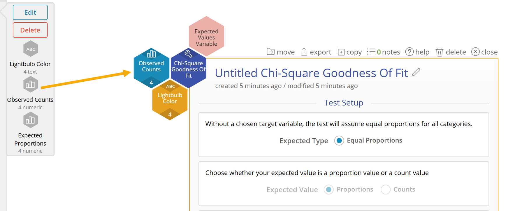 Drag Observed counts variable onto Chi-square goodness of fit study
