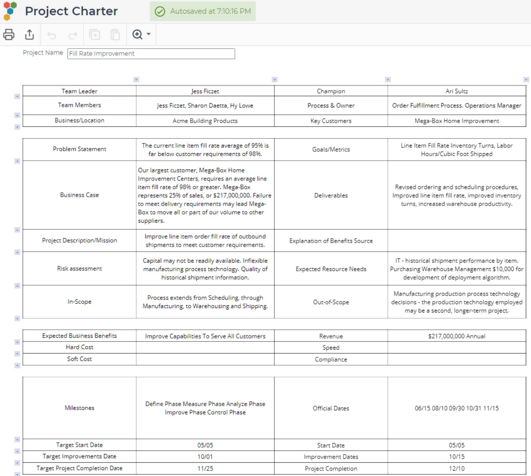 Sample project charter output.