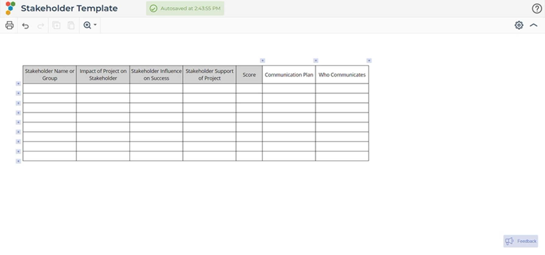 Blank stakeholder analysis template.