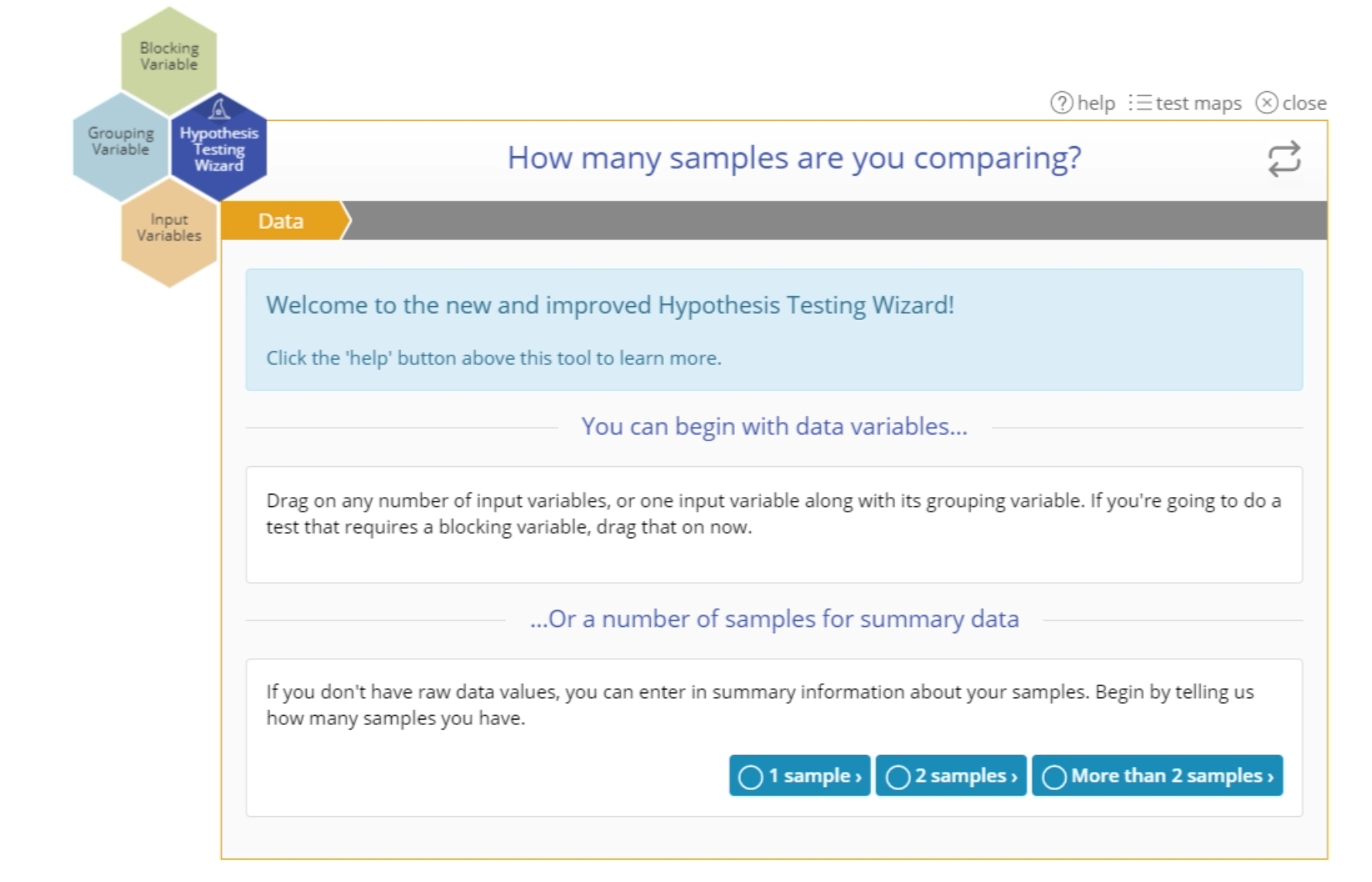 Hypothesis testing start up menu.