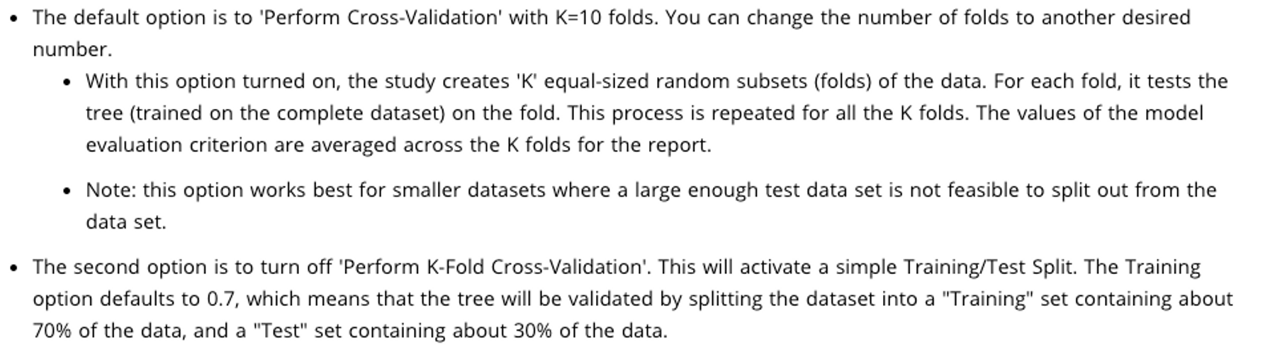Indented list explaining cross-validation with K=10 folds.