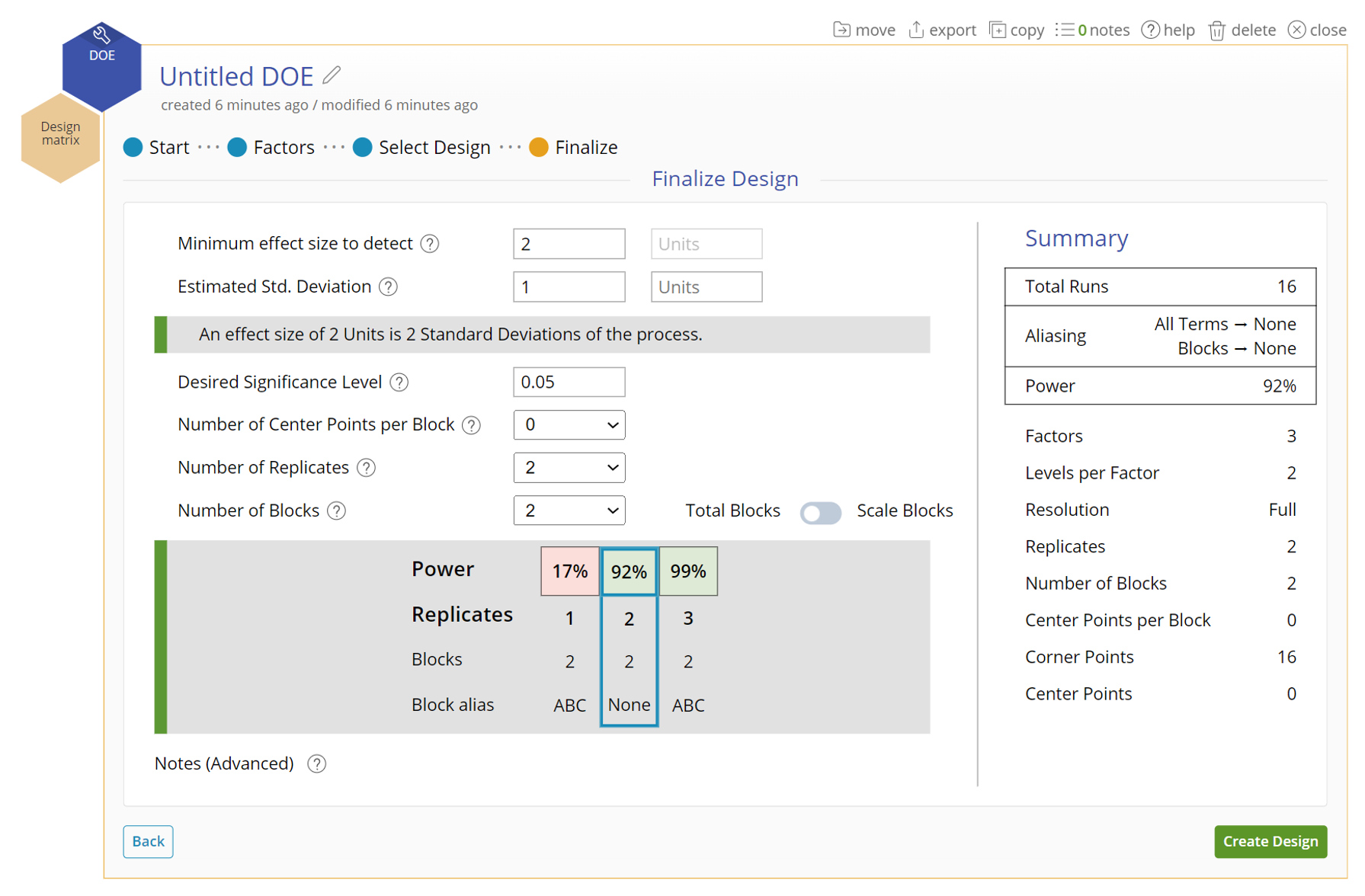 Finalize Design Screen shows Minimum effect size as 2, Desired Significance as 0.05, Number of Replicates as 2 and Number of Blocks as 2.