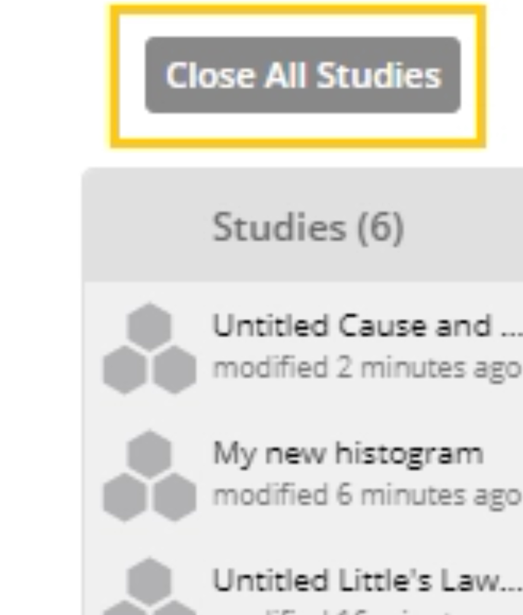 Screenshot of EngineRoom studies panel with "Close All Studies Button Highlighted"