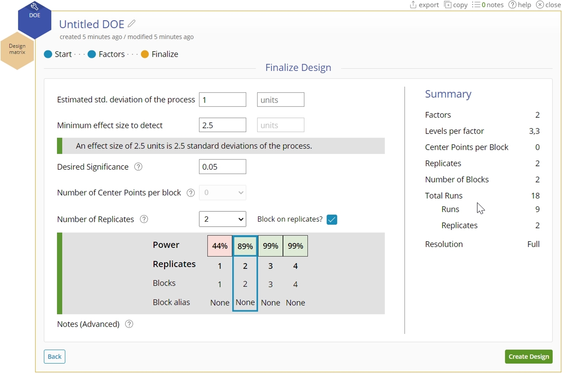 DOE setup slide with input fields for center points, replicates, and other options for creating a general design.