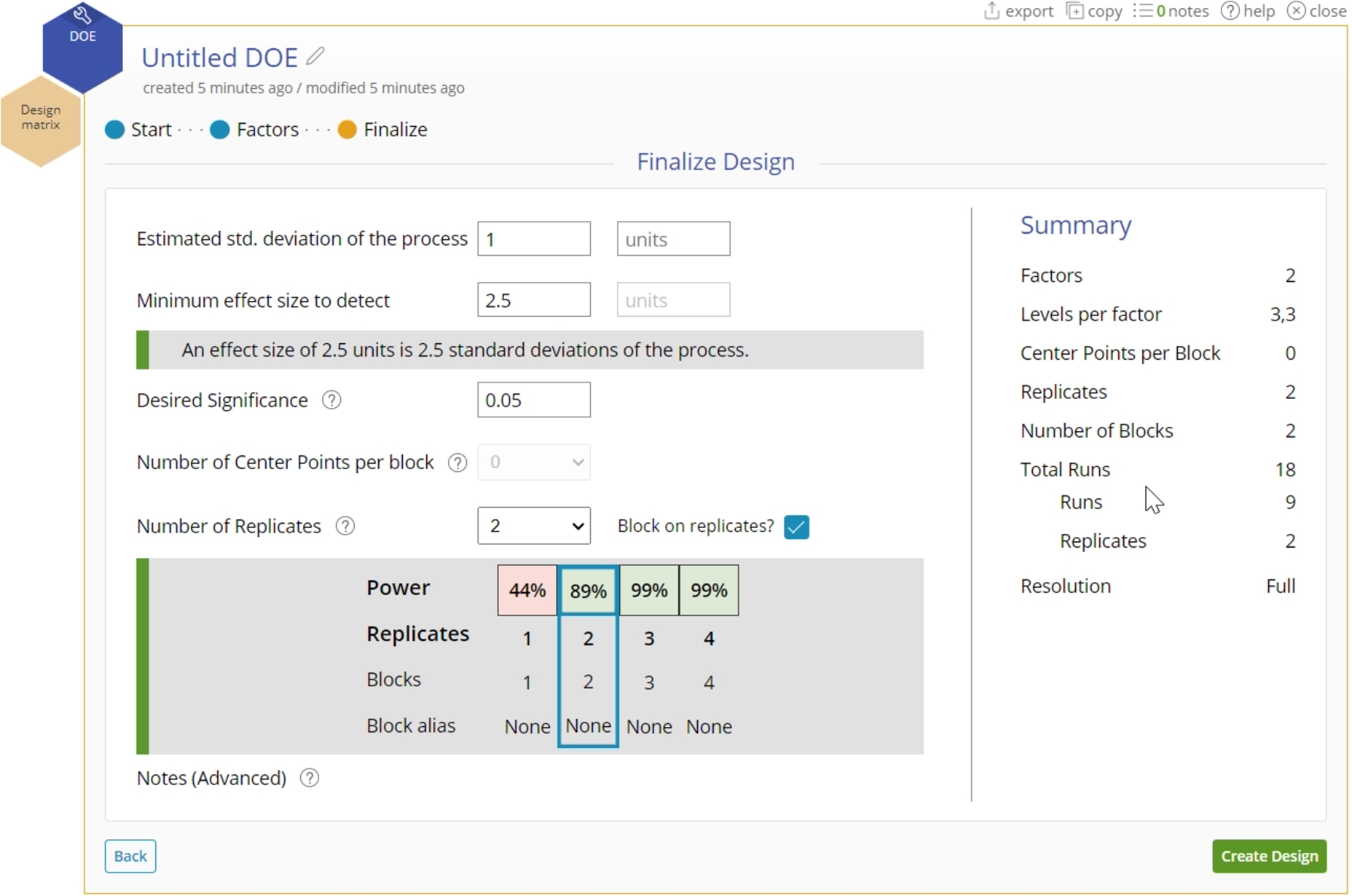 DOE setup slide with input fields for center points, replicates, and other options for creating a general design.