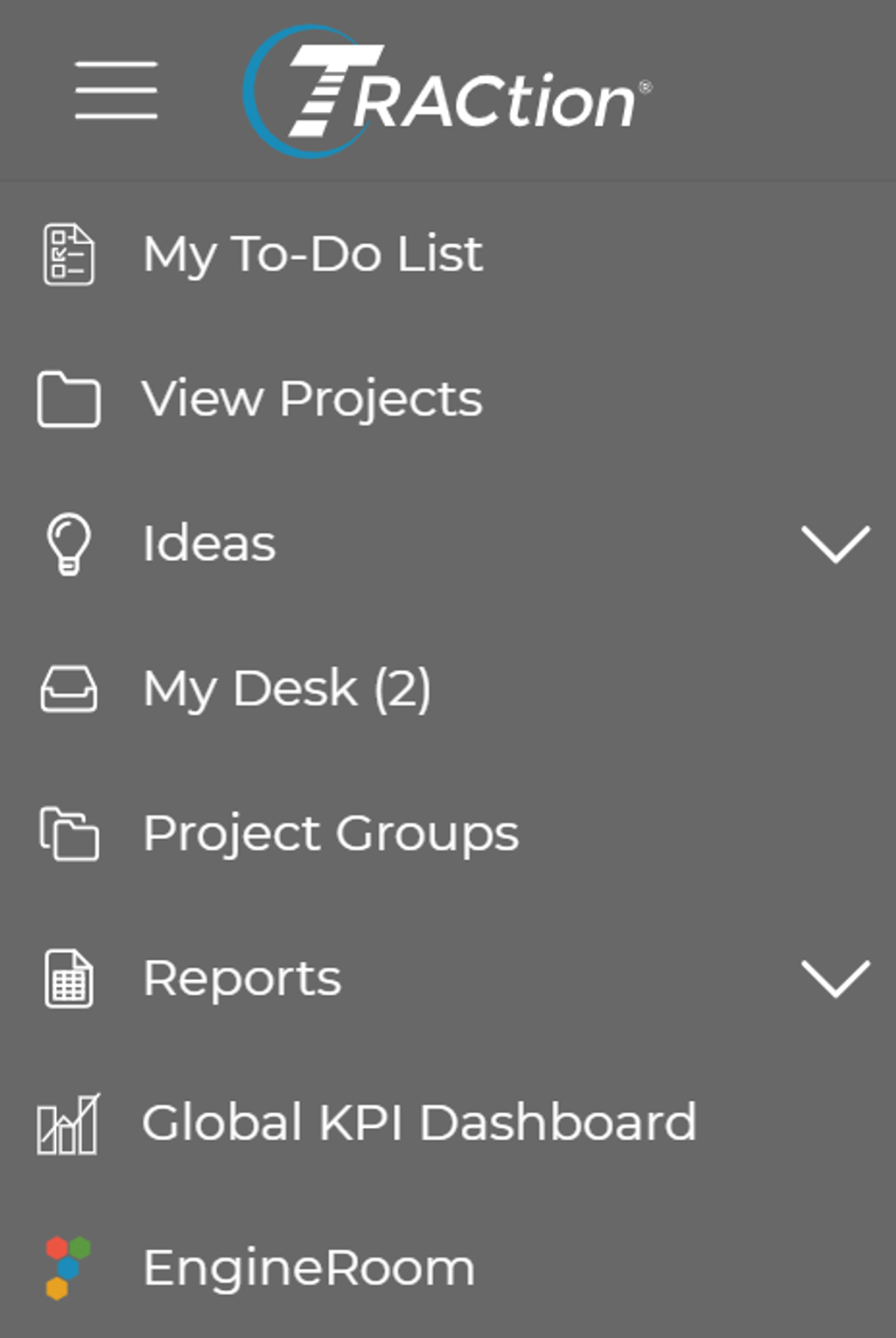 A screenshot of the menu in TRACtion containing links to navigate to various features available.