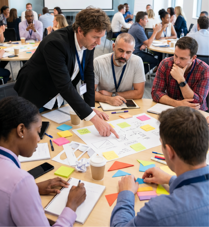 A facilitator pointing at a process map on a table covered in sticky notes while a team takes notes