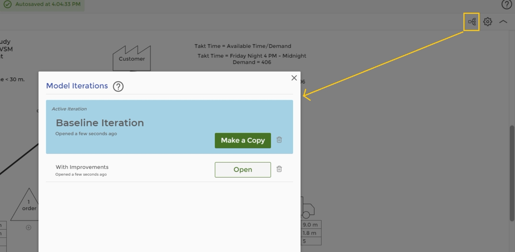 Value stream map iterations menu.