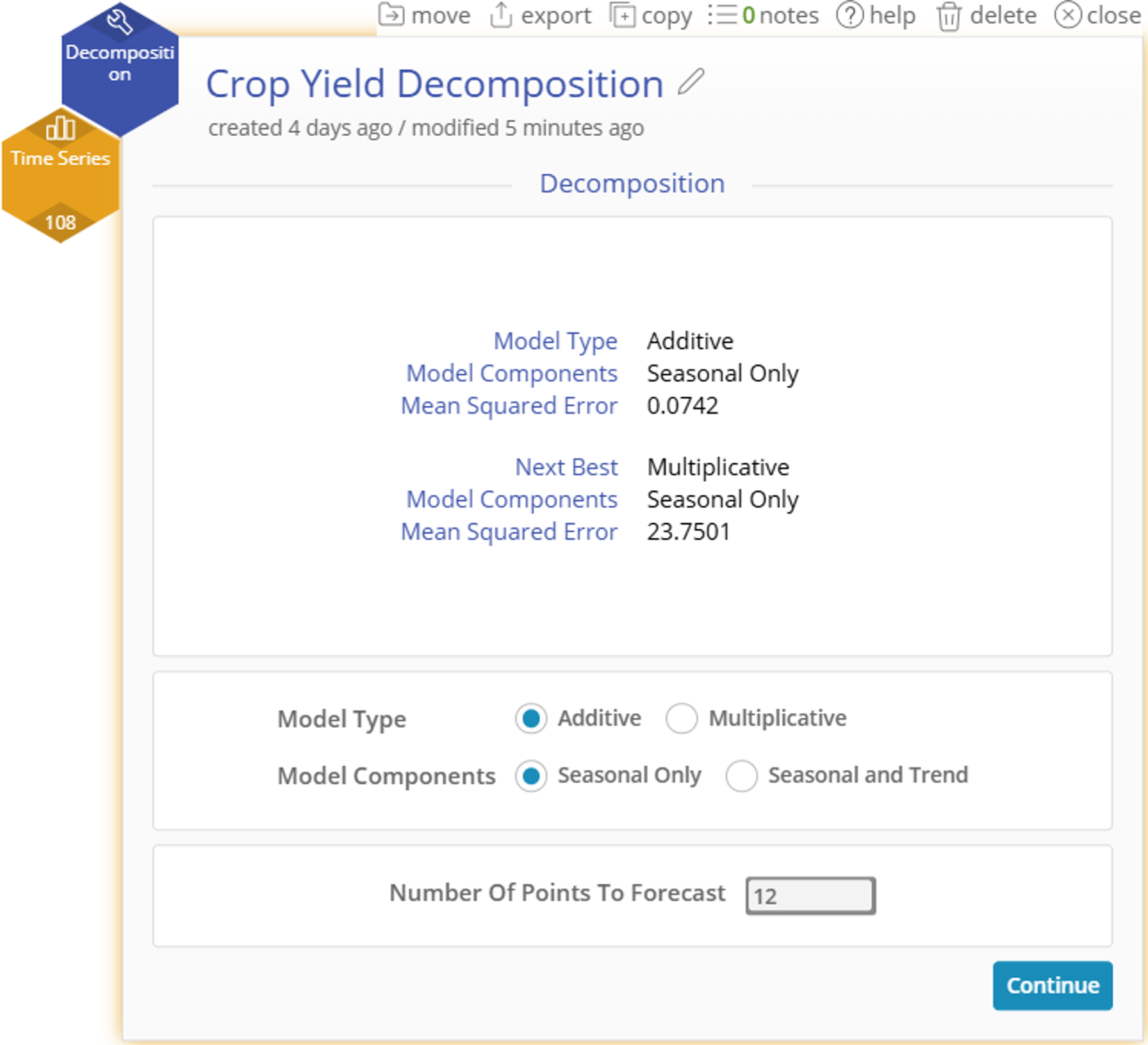 Recommended model type is additive and recommended component is seasonal only. Specified 12 points to forecast.