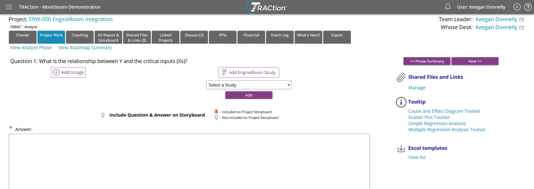 A TRACtion question with the EngineRoom study selection dropdown visible