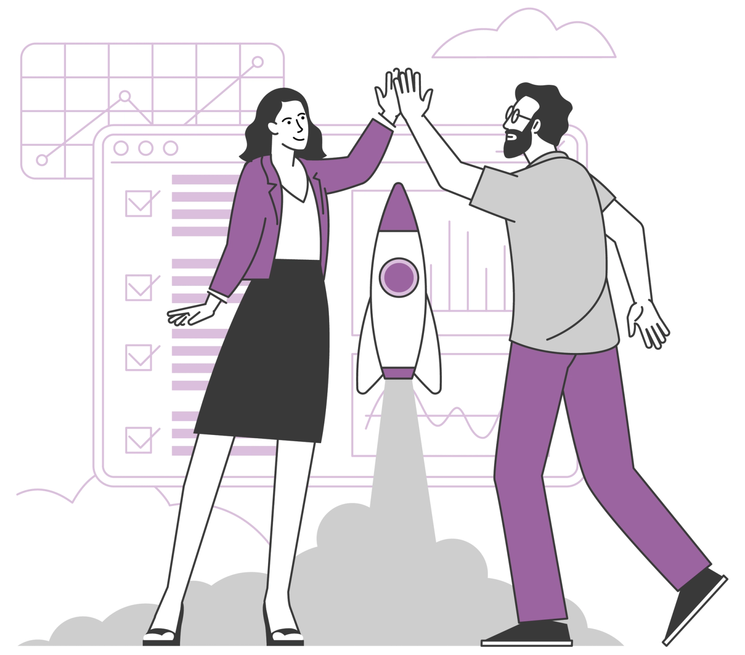 An illustration of two people high-fiving as they get a project off the ground