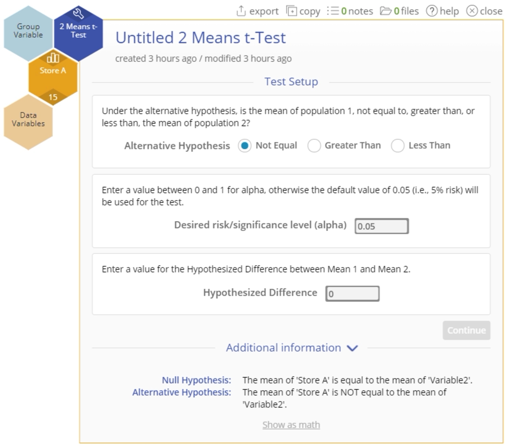 Example 2 Means t-Test start up menu.