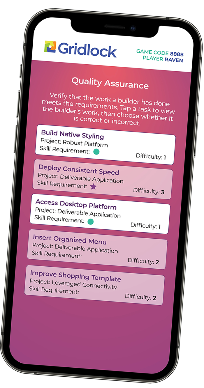 The Gridlock simulation on a smartphone, showing a Quality Assurance task list