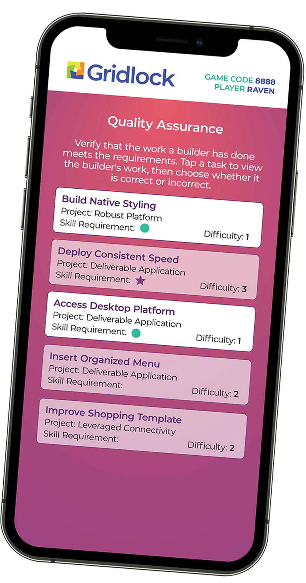 The Gridlock simulation on a smartphone, showing a Quality Assurance task list