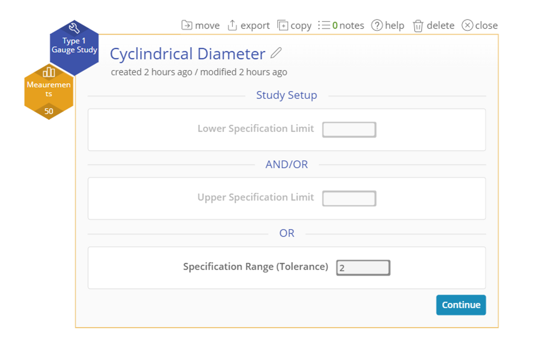 Study Set Up for Type 1 Gauges Study called Cyclindrical Diameter. It contains disabled fields for lower and upper spec limit, while the last field Tolerance is set to 2.