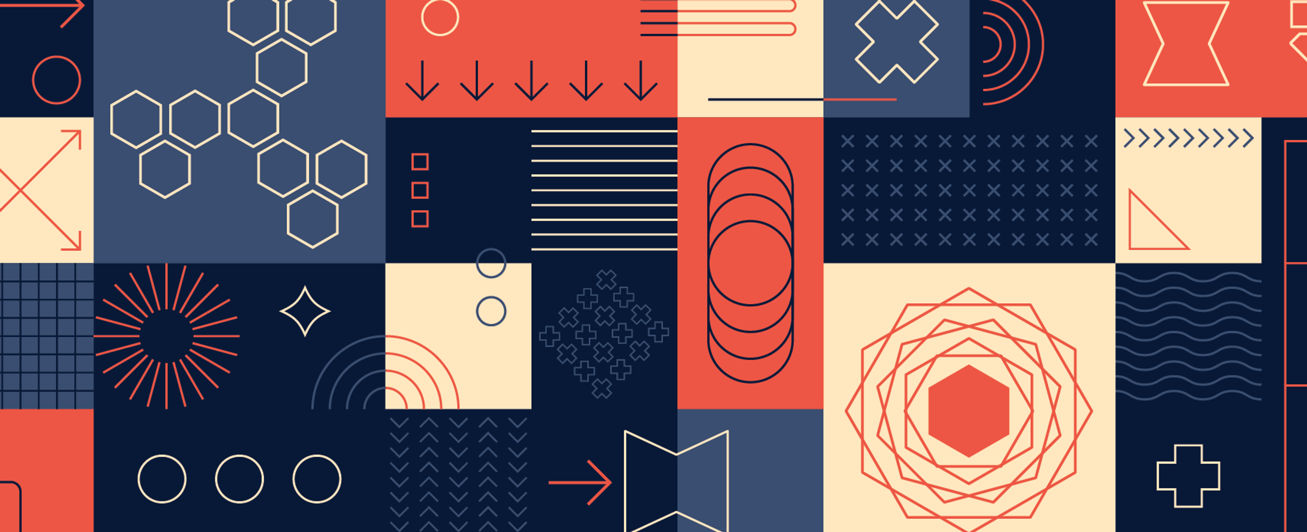 A collage of geometric shapes and process modeling elements