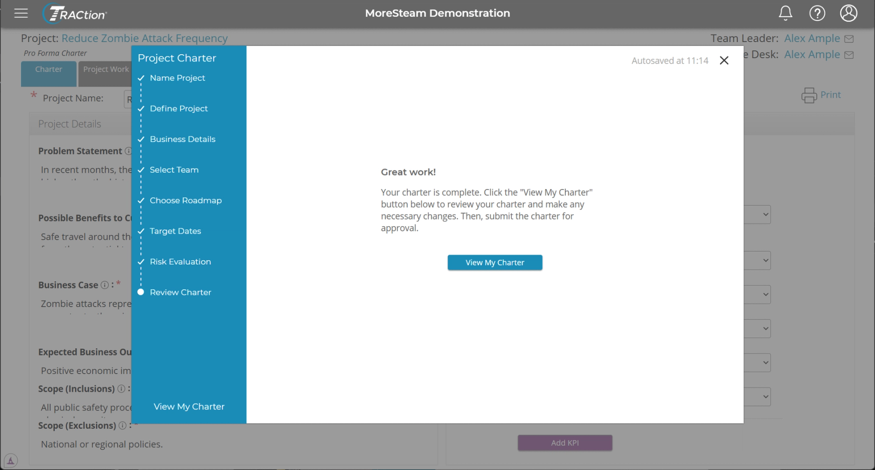 Instructions for the user stating that they have filled out the charter completely and can submit it for approval.