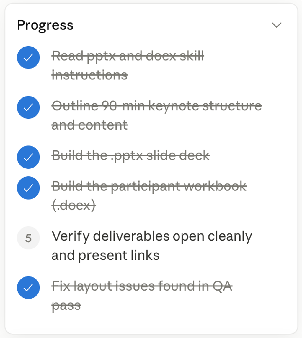 Lista de verificación de progreso que muestra seis tareas relacionadas con la creación de materiales de presentación. Cinco tareas están marcadas como completadas con marcas de verificación azules y texto tachado: leer las instrucciones de PowerPoint y Word, esbozar una presentación de 90 minutos, crear la presentación de diapositivas, crear el cuaderno de trabajo para los participantes y corregir los problemas de diseño detectados durante el control de calidad. Una tarea restante, la número 5, aún no se ha completado: «Verificar que los entregables se abran correctamente y presenten los enlaces».