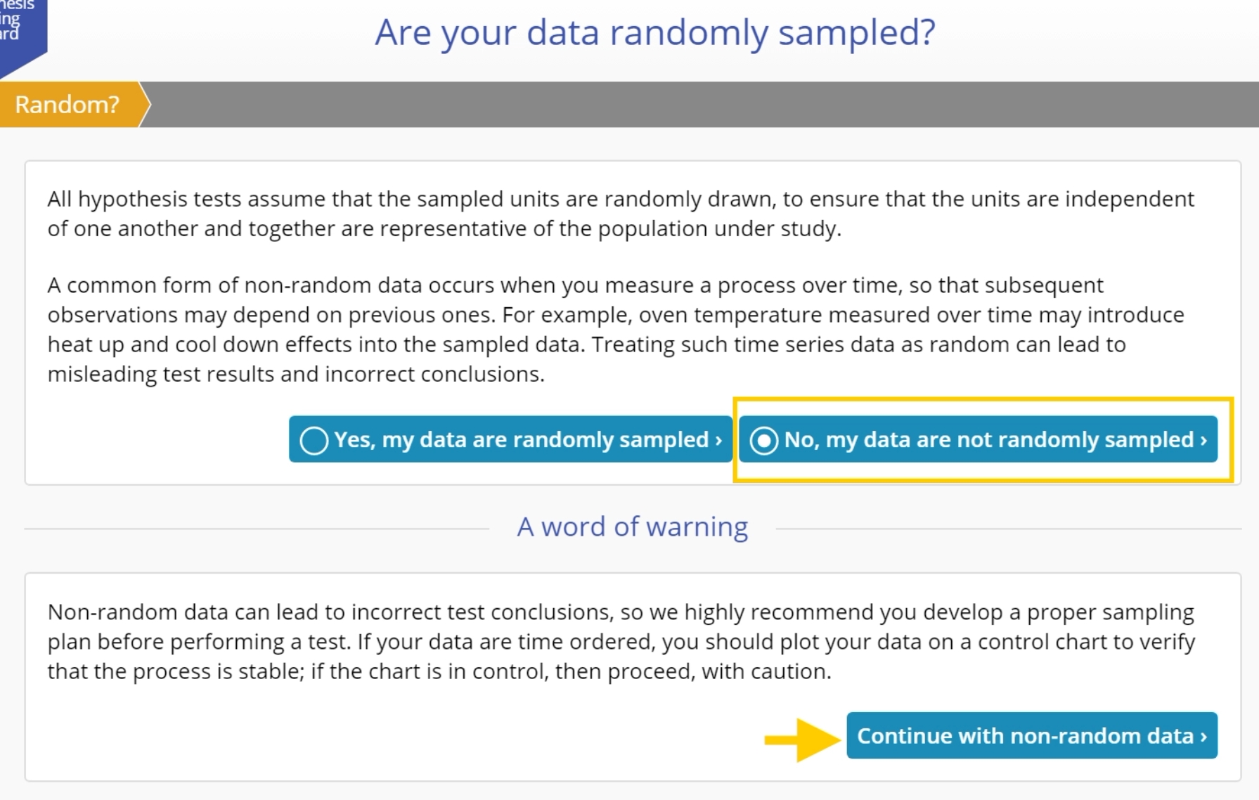 Menu asking if data is randomly sampled with "No" option selected.