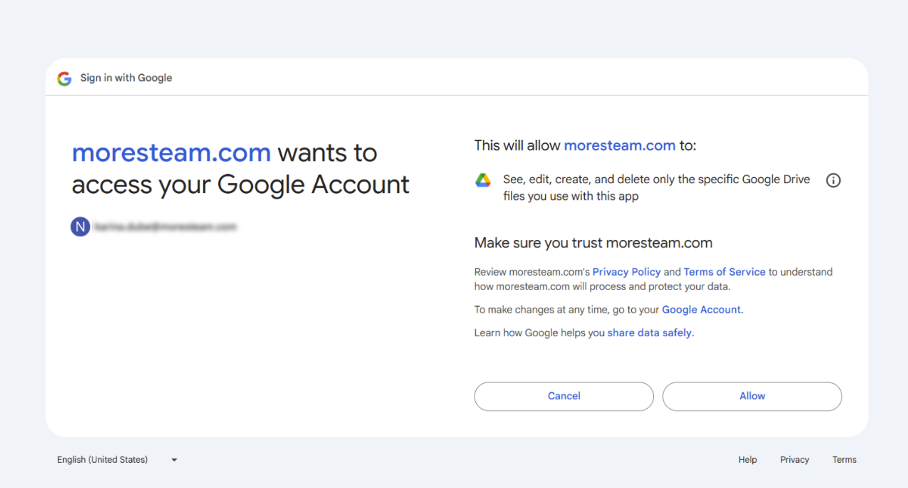 Permissions screen for Google Sheets allowing EngineRoom to see, edit, create, and delete specific Google Drive Files