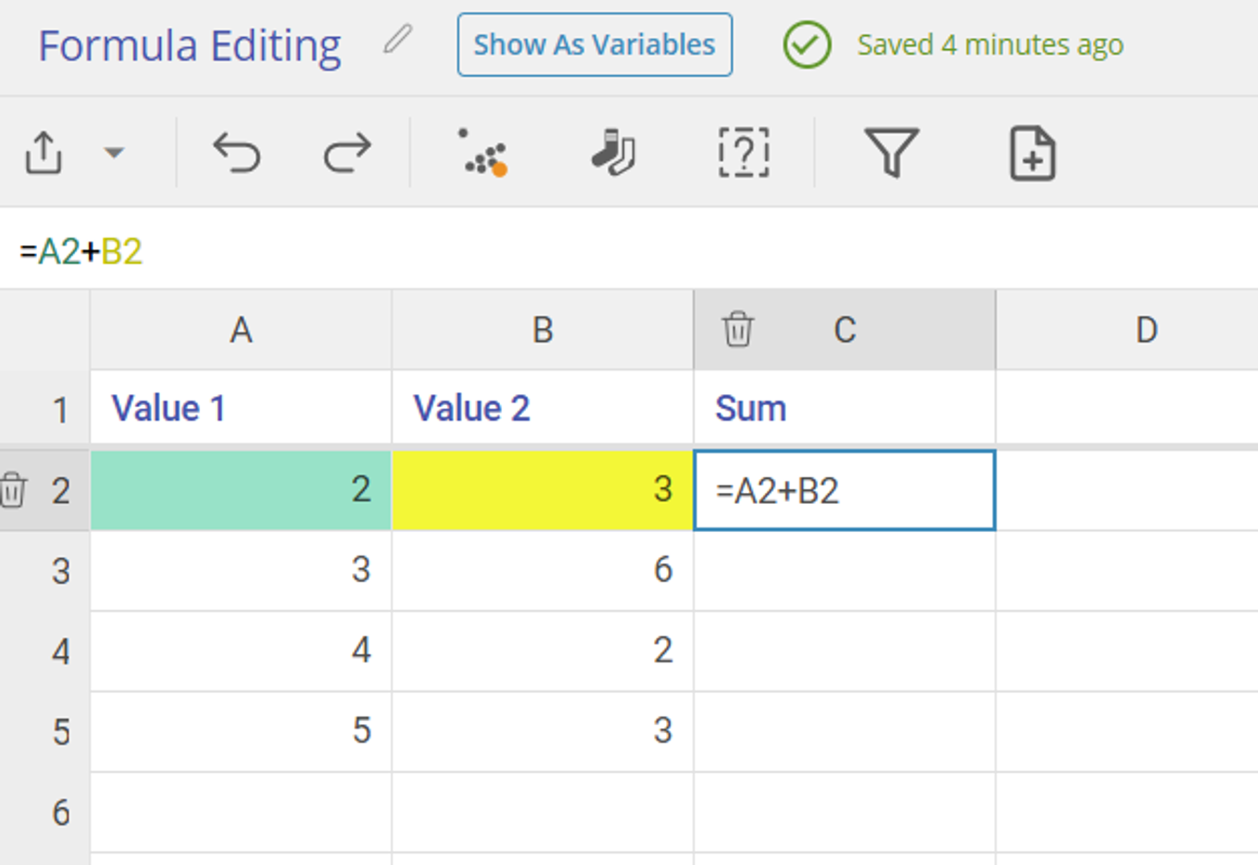 Data Editor screen showing a formula equals A2 plus B2 with cell A2 highlighted with the value 2 and cell B2 highlighted with the value 3
