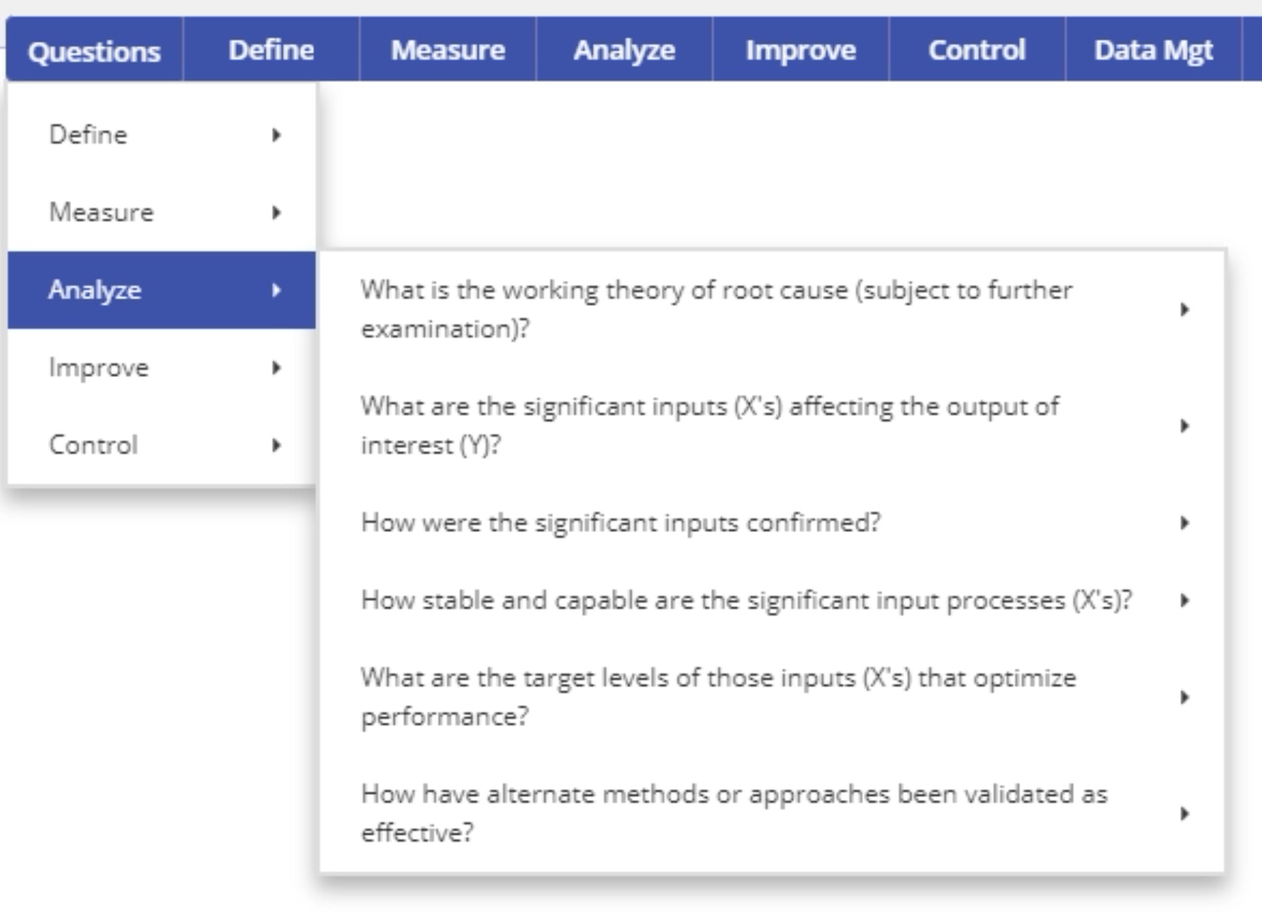 EngineRoom questions menu analyze dropdown.