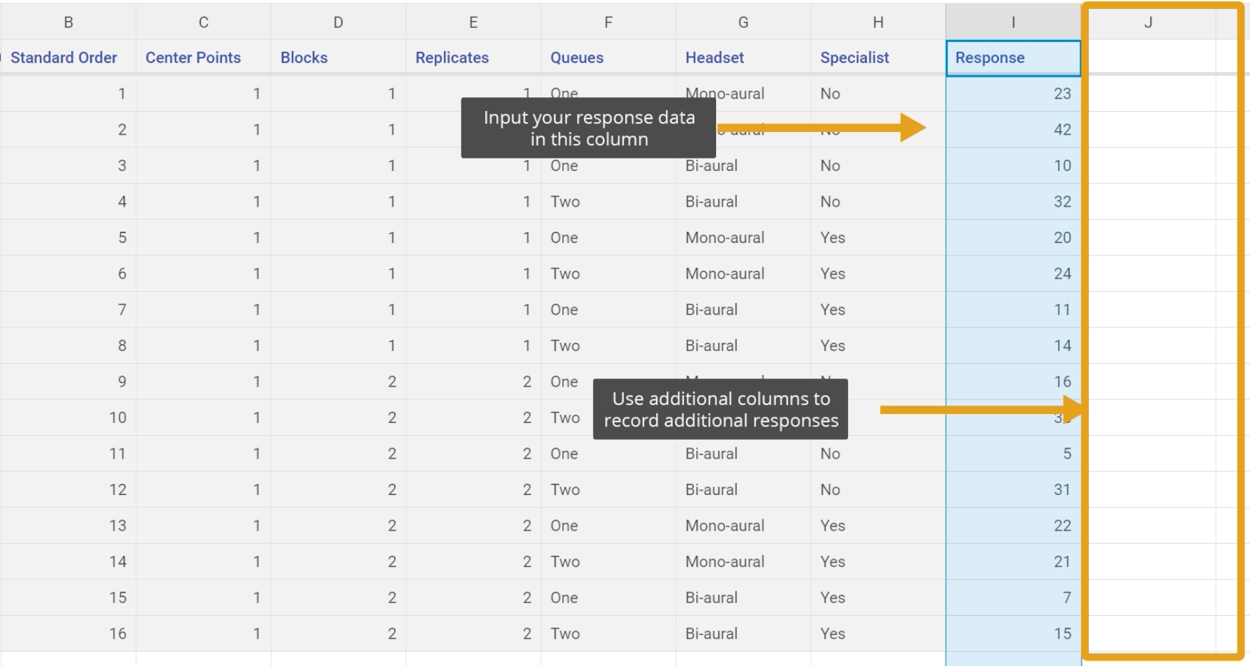 Data Source with the Response Column highlighted to input data, while a second box indicates that additional column can be used for additional responses