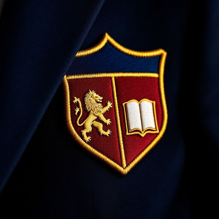 Shield crest patch with a gold lion and an open book on red, under a navy band with a gold border, on a navy blazer.