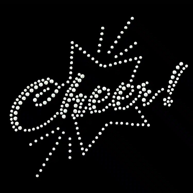 A script word in clear rhinestones with a starburst accent, a rhinestone heat transfer on black.