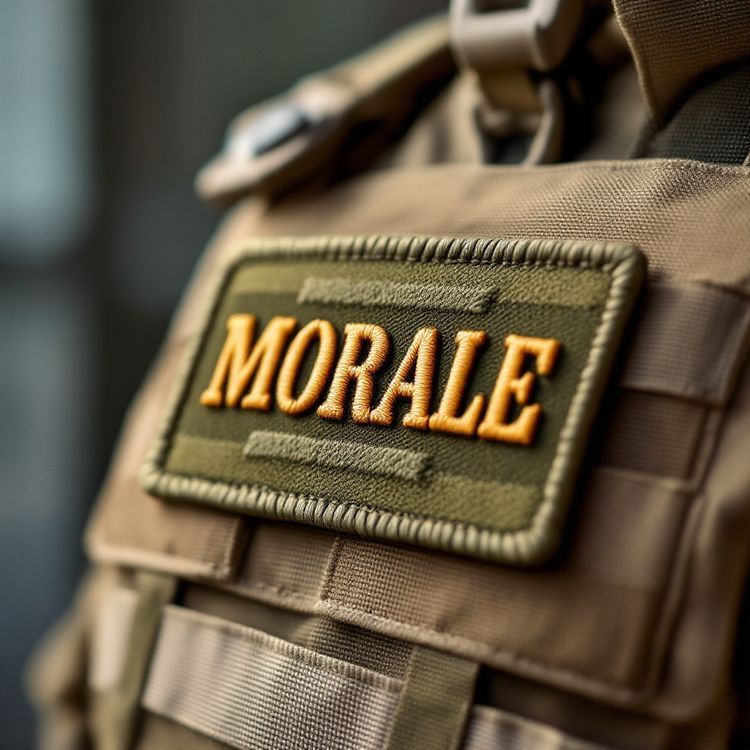 Olive embroidered patch reading MORALE in raised orange letters with a merrowed border, on the front of a tan plate carrier.