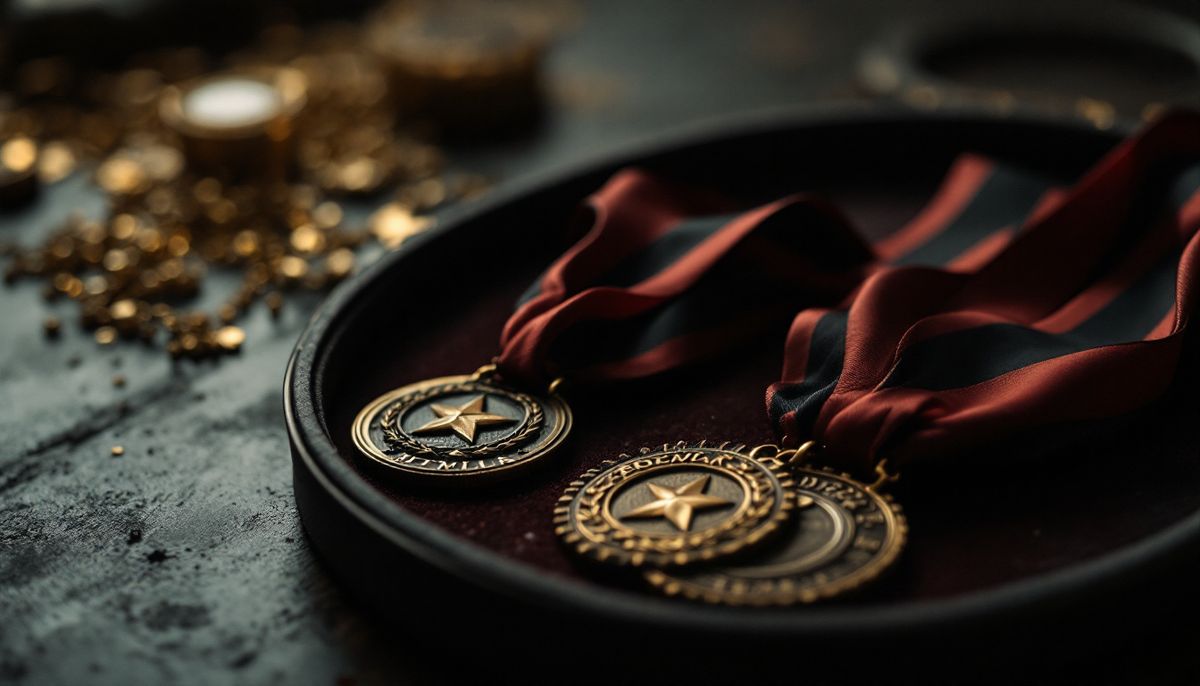 Gold die cast medal cut in a basketball hoop shape, hanging on a purple neck ribbon.