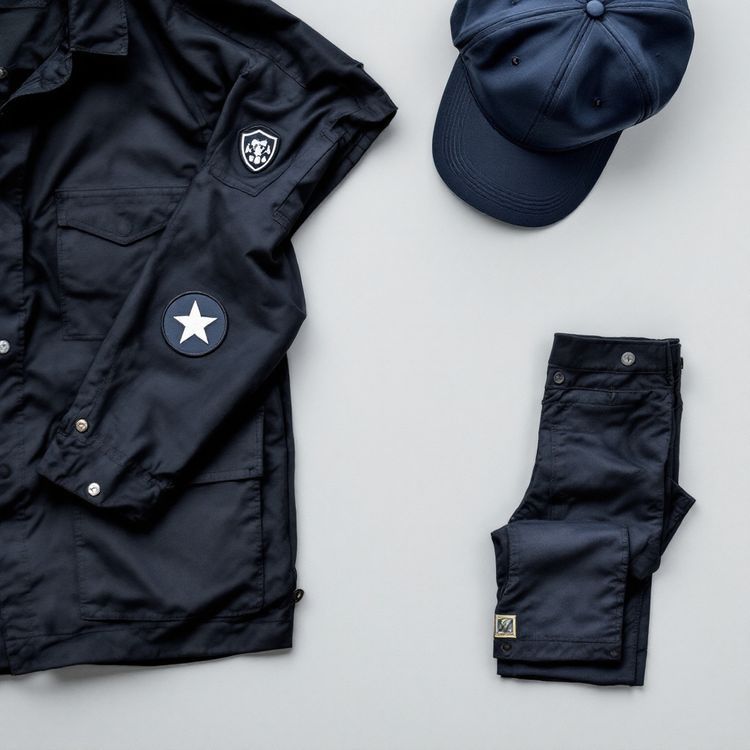 Navy work jacket and cap laid flat with embroidered patches on the chest, the sleeve and the cap front.