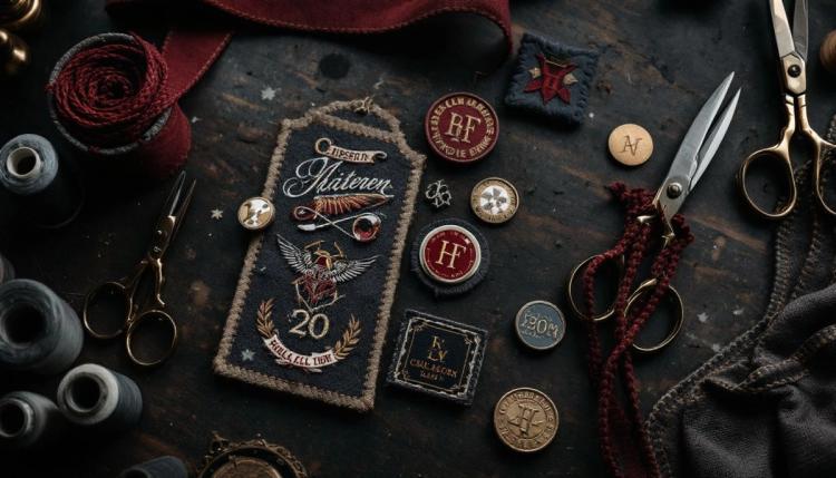 Embroidered patches, enamel pins and buttons laid out with thread spools and brass scissors on a dark workbench.
