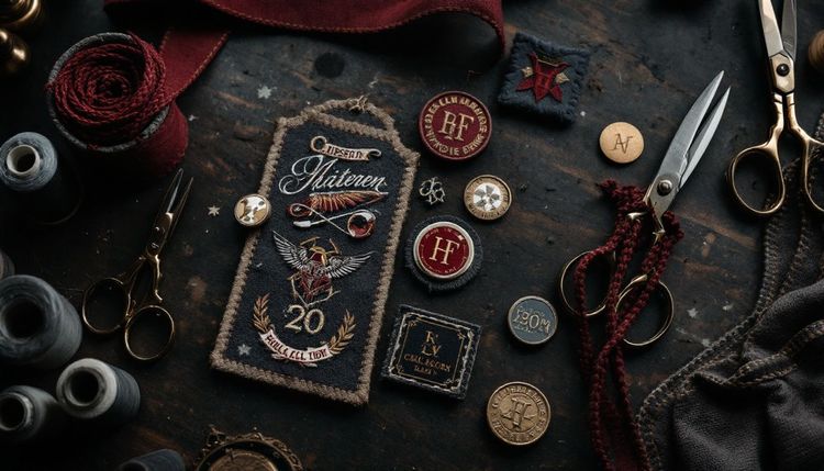 Embroidered patches, enamel pins and buttons laid out with thread spools and brass scissors on a dark workbench.