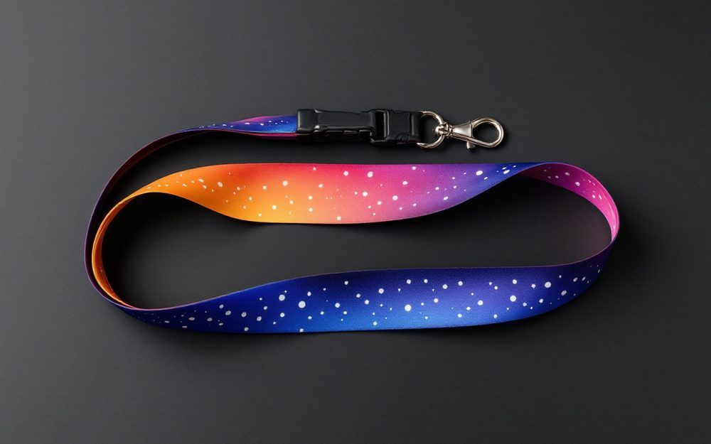 Dye-sublimated lanyard printed edge to edge in an orange to purple to blue gradient, with a black buckle release and silver clip.
