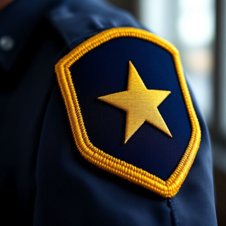 Navy shield-shaped shoulder patch with a gold embroidered star and a raised gold merrowed border on a uniform sleeve.